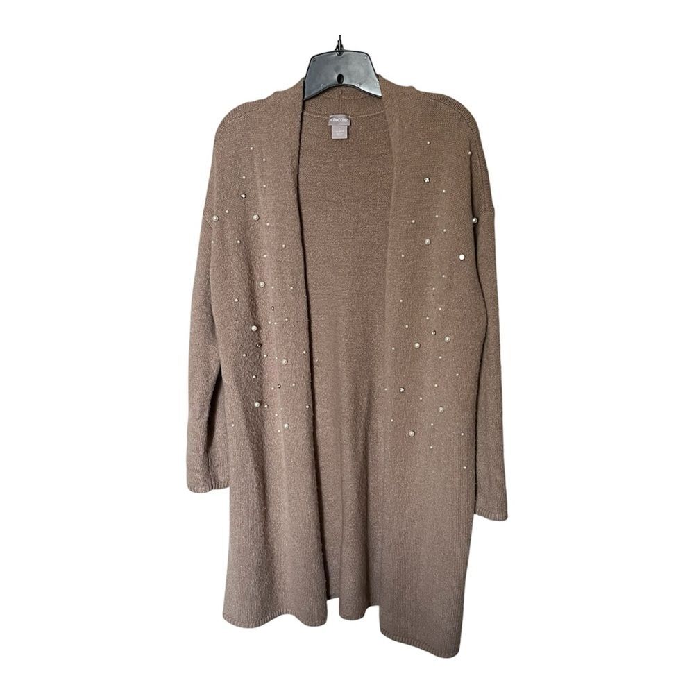 Chico's Wool-Blend Pearl/Rhinestone Embellished Tan Cardigan Duster Size 1 MED - Picture 2 of 9